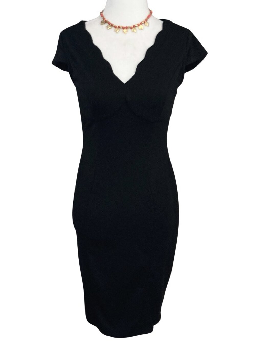 SUZY SHIER Black scalloped v-neck cap sleeve pencil dress ~ Stretchy XS SMALL
